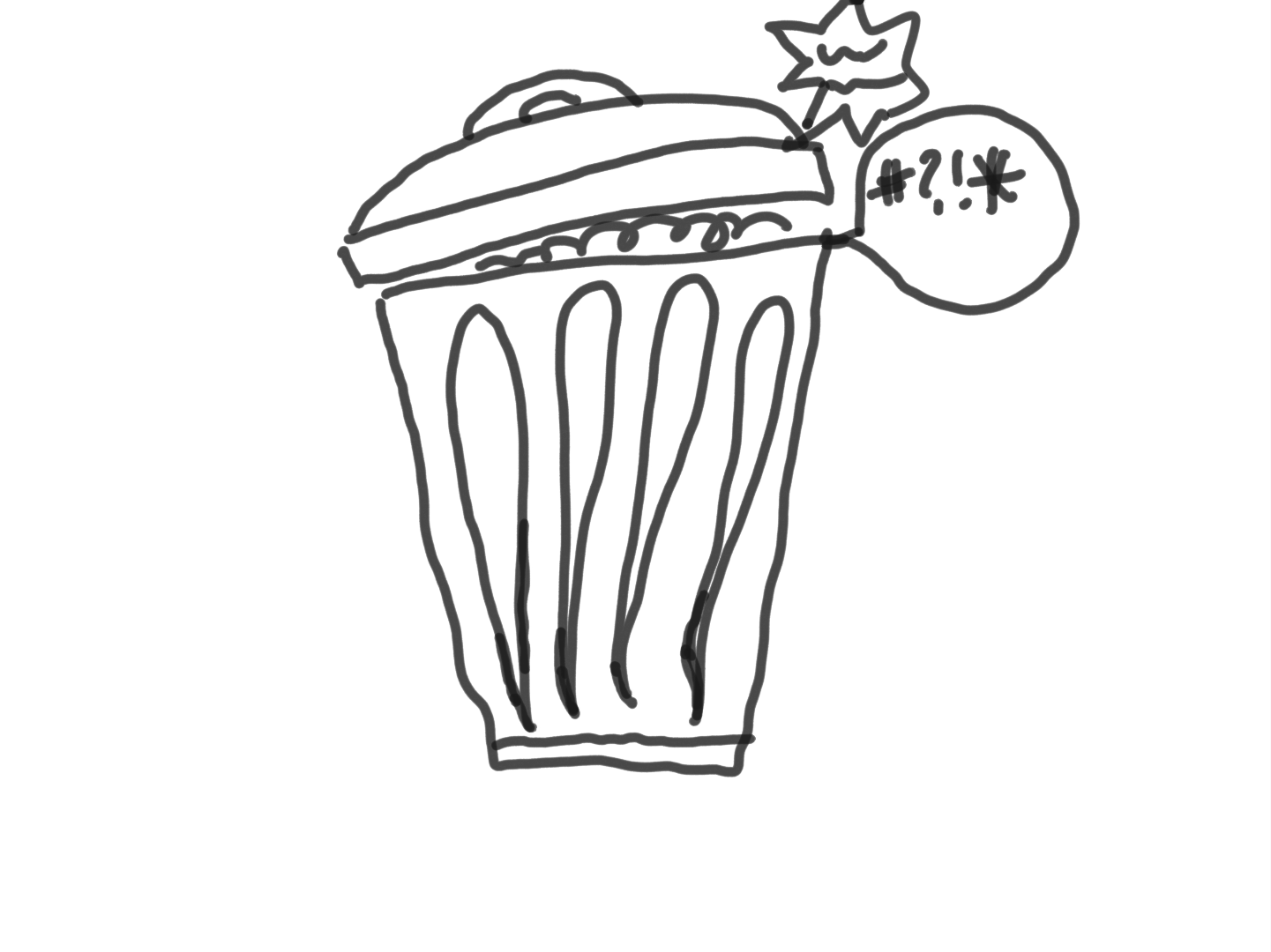 Hand drawn open garbage can with snarky words floating out of it